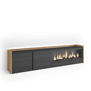 Mobile TV Soggiorno, 212x50x35 cm, Per TV fino a 80", Camino elettrico XXL, LED, Nero e rovere
