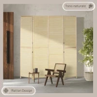 Paravento per Interno Pieghevole a 4 Ante, Divisorio in Bambù di Rattan, 180x1.6x180 cm
