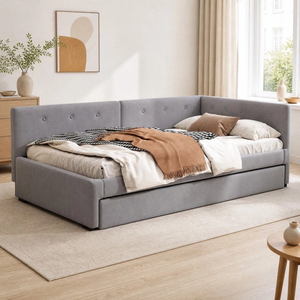Letto singolo 90x200 cm con letto estraibile, in velluto grigio, senza materasso