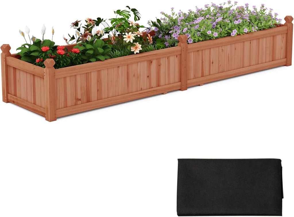 Letto da Esterno Rialzato in Legno, Fioriera Rettangolo con Divisorio, Sistema di Drenaggio, Fodera in Tessuto non Tessuto, Orto Rialzato per Giardino e Cortile, 227 x 59,5 x 40 cm (Marrone)