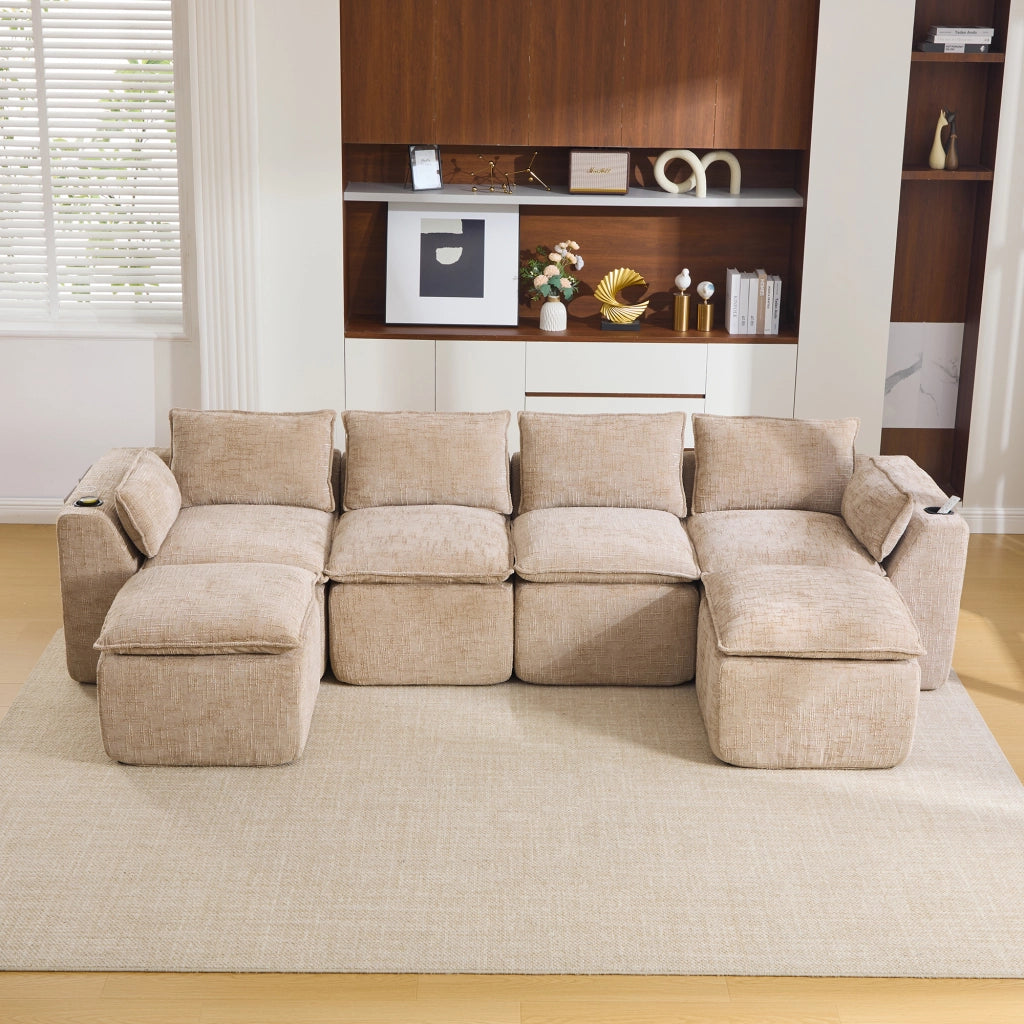 Divano modulare 4 posti con tasche laterali, cuscini e anima a molle, in ciniglia khaki per soggiorno 322 × 161 × 75 cm