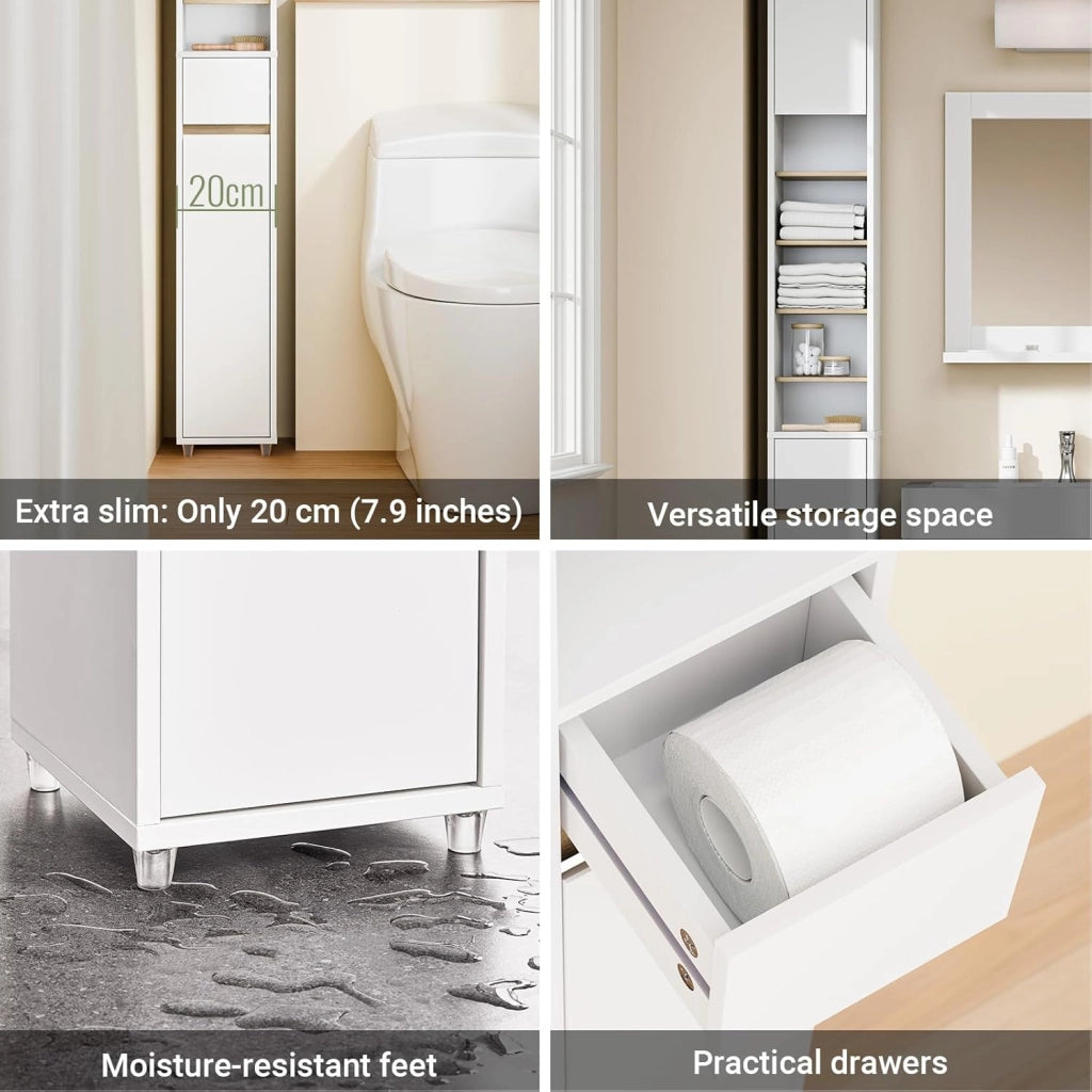 Mobile Bagno Alto e Stretto, Mobili Salvaspazio Mobiletto a Colonna da Terra con Ripiani Regolabili e Cassetto Armadietto per Bagno e Lavanderia 20×20×180 cm BZR34-WN