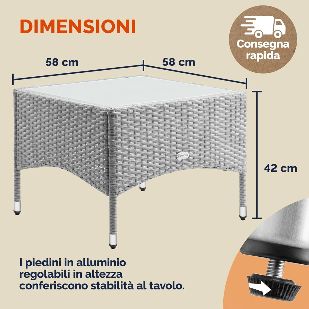 ® Tavolino da Giardino Esterno in Polyrattan 58x58x42cm Piano in Vetro Tavolo Basso da Caffè Quadrato Poggiapiedi