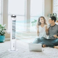 Climatizzatore Raffrescatore d'Aria 4 in 1, Ventilatore a Colonna, Umidificatore, Purificatore, Oscillante, Timer, 3 Modalità, 3 Velocità, Telecomando, Serbatoio 2L con 2 Blocchi Refrigeranti, Bianco