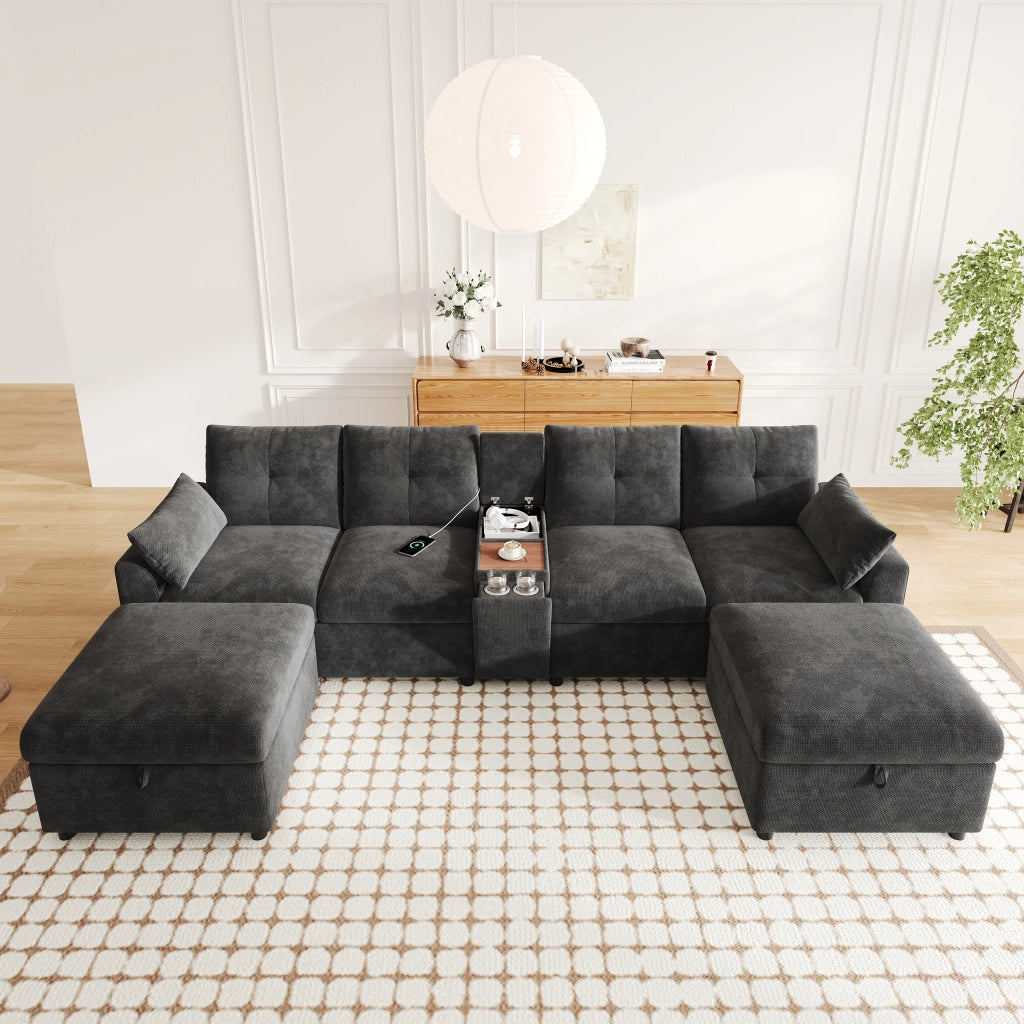 DIVANO angolare modulare 316x140 cm chenille grigio con 2 pouf contenitore e USB