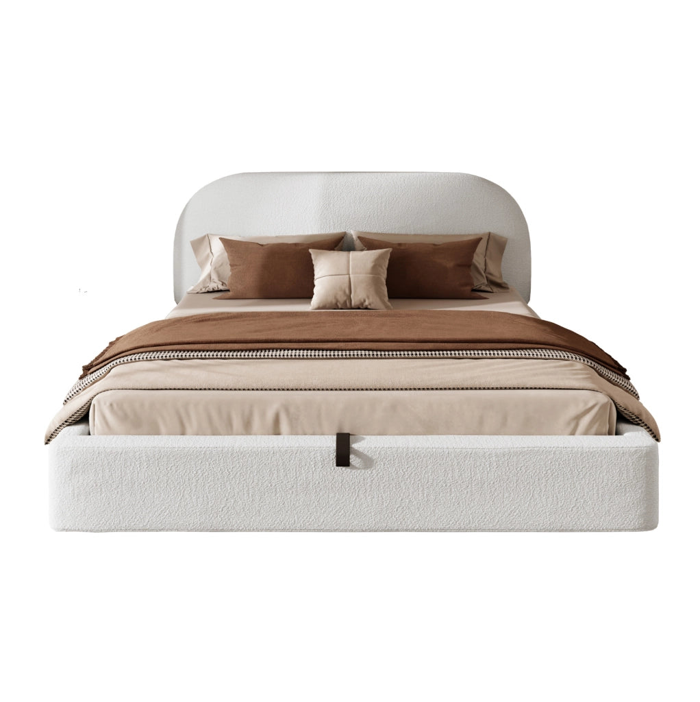 Letto imbottito 160x200 cm con contenitore idraulico e testiera bouclé beige