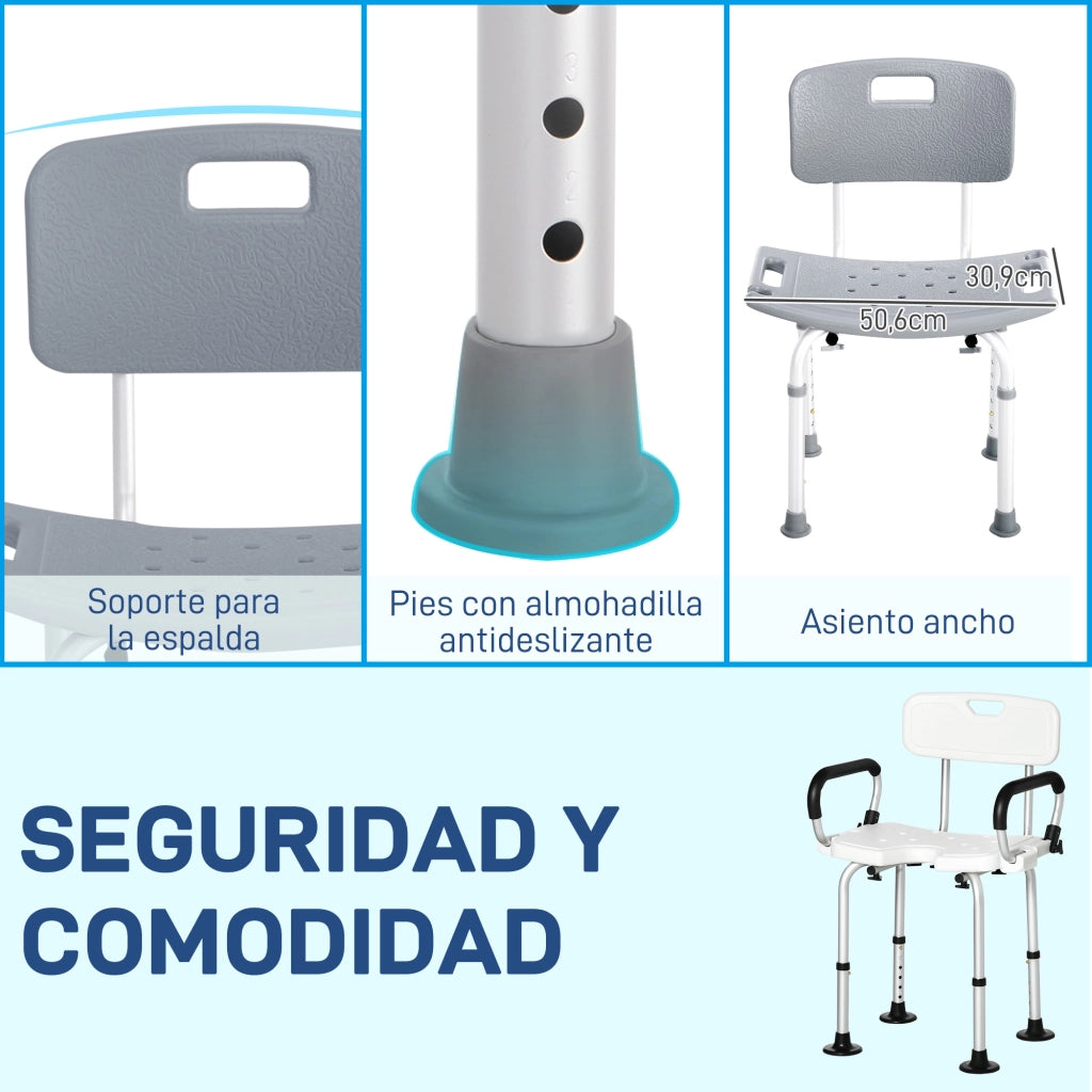 Sgabello da doccia con schienale antiscivolo e altezza regolabile ¨C zephmum ¨C 8 livelli, carico 136 kg