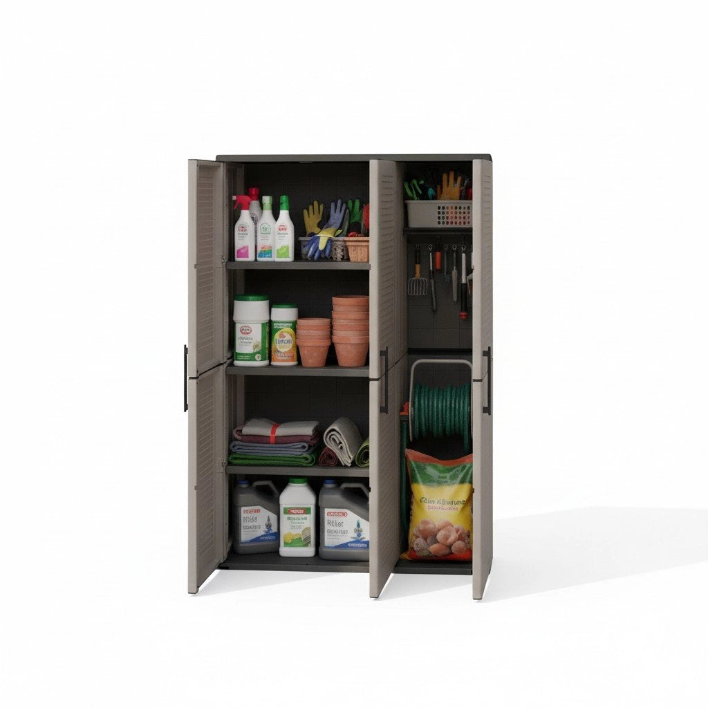 Armadio portascope da esterno o Amordel, Mobile a 3 ante e 3 ripiani regolabili in polipropilene, 100% Made in Italy, cm 102x37h163, colore Grigio