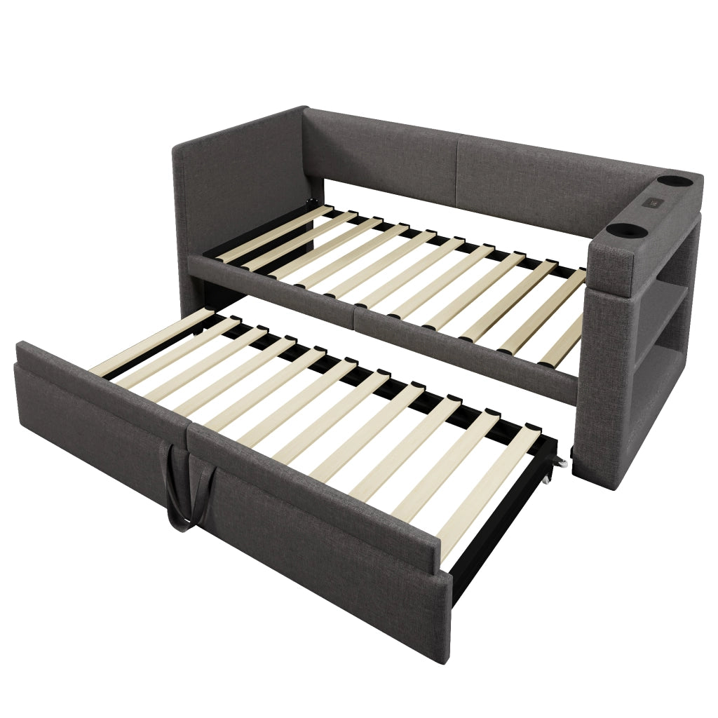 Letto a Divanetto 90x200 cm - Estraibile; USB; Portabevande e Mensole - Grigio