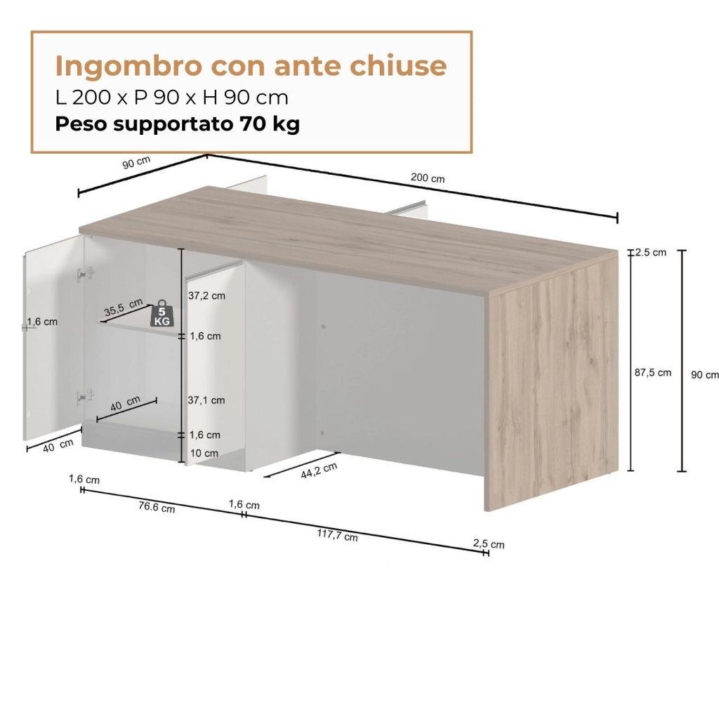 WHOUS Isola da cucina Sole a 4 ante antracite opaco/rovere 200x90x90 cm