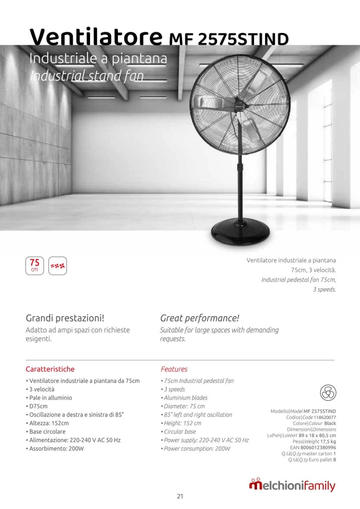 Ventilatore Melchioni MF2575STIND a Piantana Industriale 75 cm 200W Oscillante 85° 3 Velocità Pale in Alluminio Altezza 152 cm Alta Potenza per Ambienti Ampi