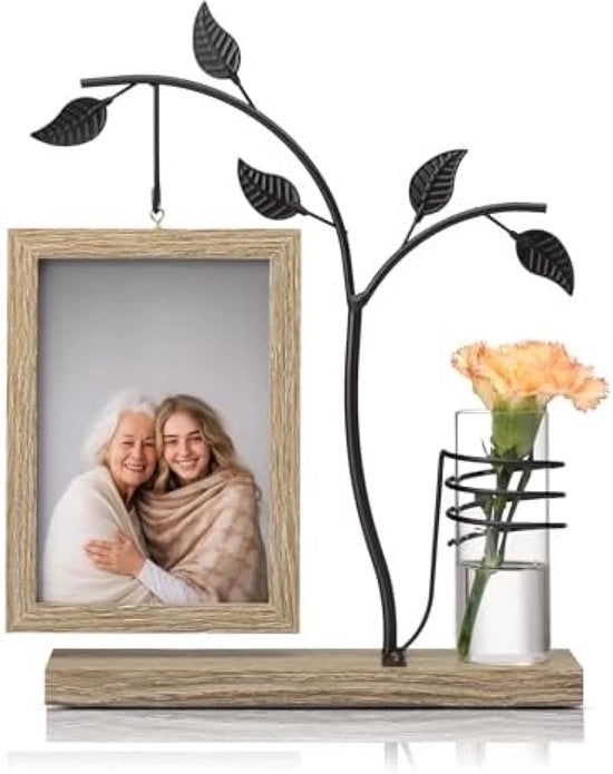 Doppia mensole per foto con standard in legno e vaso decorativo - Legno chiaro scuro
