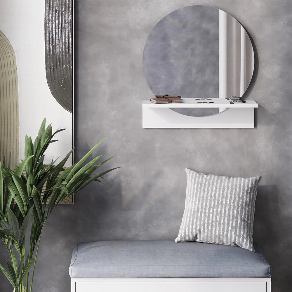 Specchio bagno Elyra, Bianco, 50 x 54.5 cm con ripiano, adatto al montaggio a parete per l'uso quotidiano
