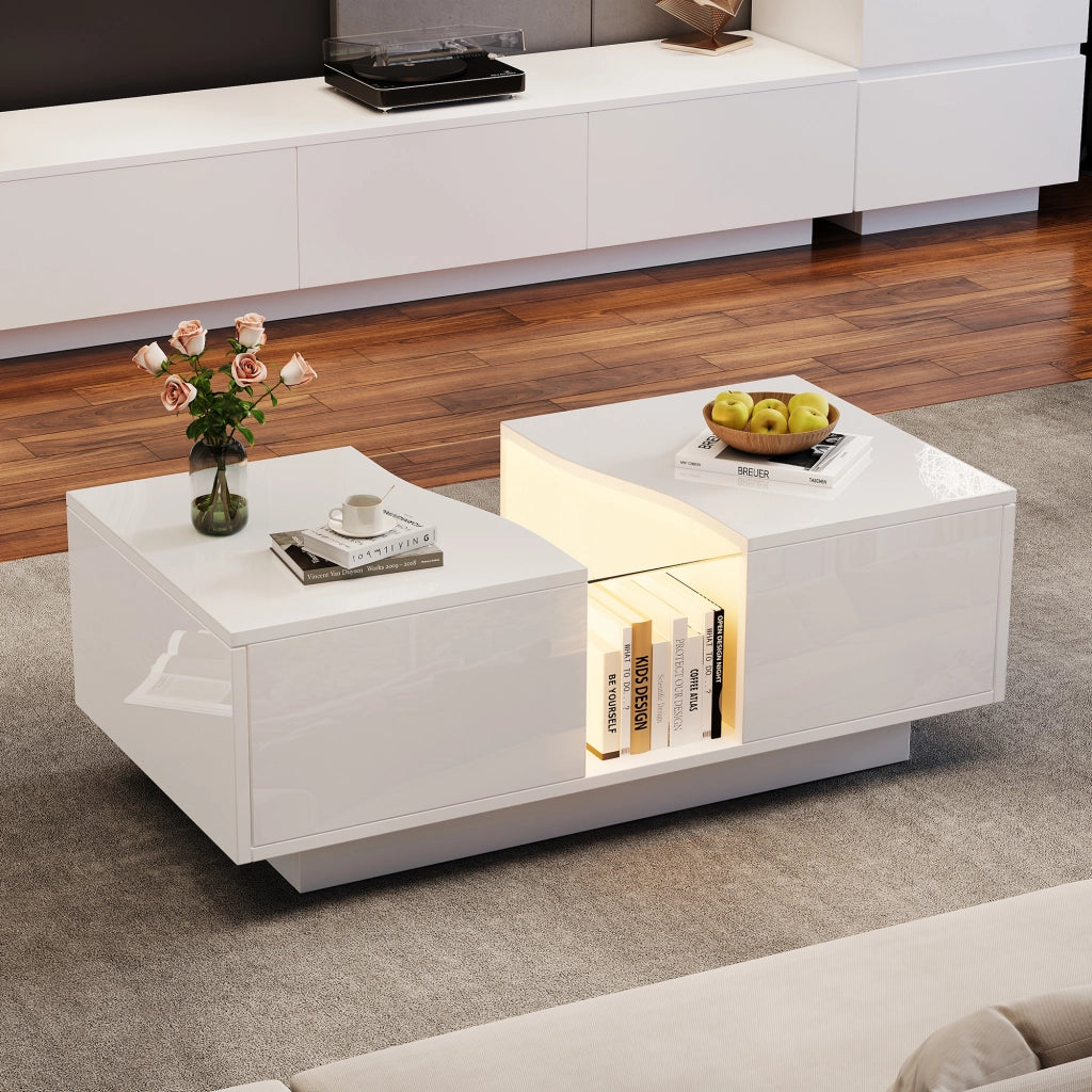 TAVOLINO da caffè LED 100x50x35 cm Bianco lucido in MDF con 2 cassetti