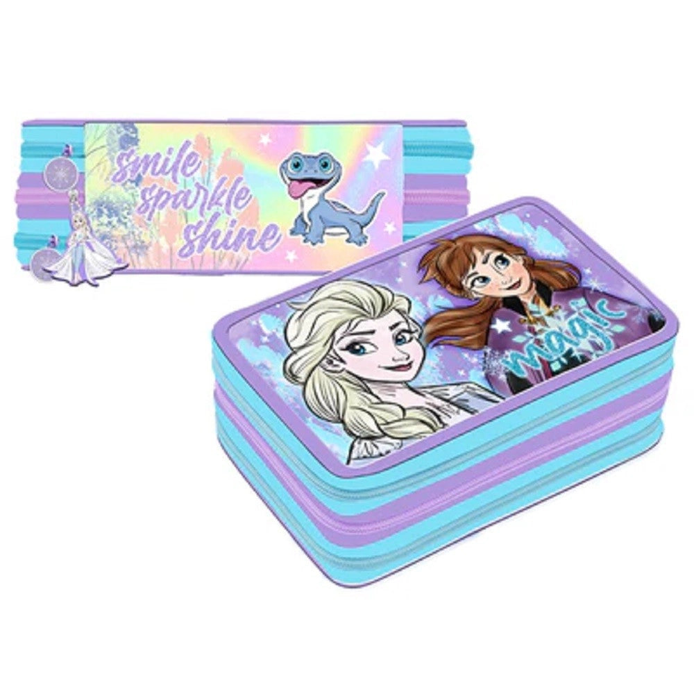 Trade Shop - Astuccio Portapastelli Penne 3 Zip Cerniere Frozen Deluxe Scuola 12,5x6x19,5 Cm -