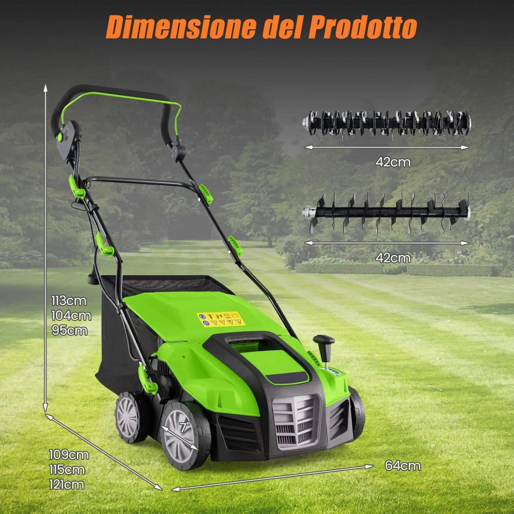 2 in 1 Scarificatore Elettrico, 40 cm, 2000W, 3500rpm, Erbicida Pieghevole con Sacca di Raccolta da 55L, Regolazione Profondità 5 Livelli, Adatto Prato 800 ㎡ (Verde)
