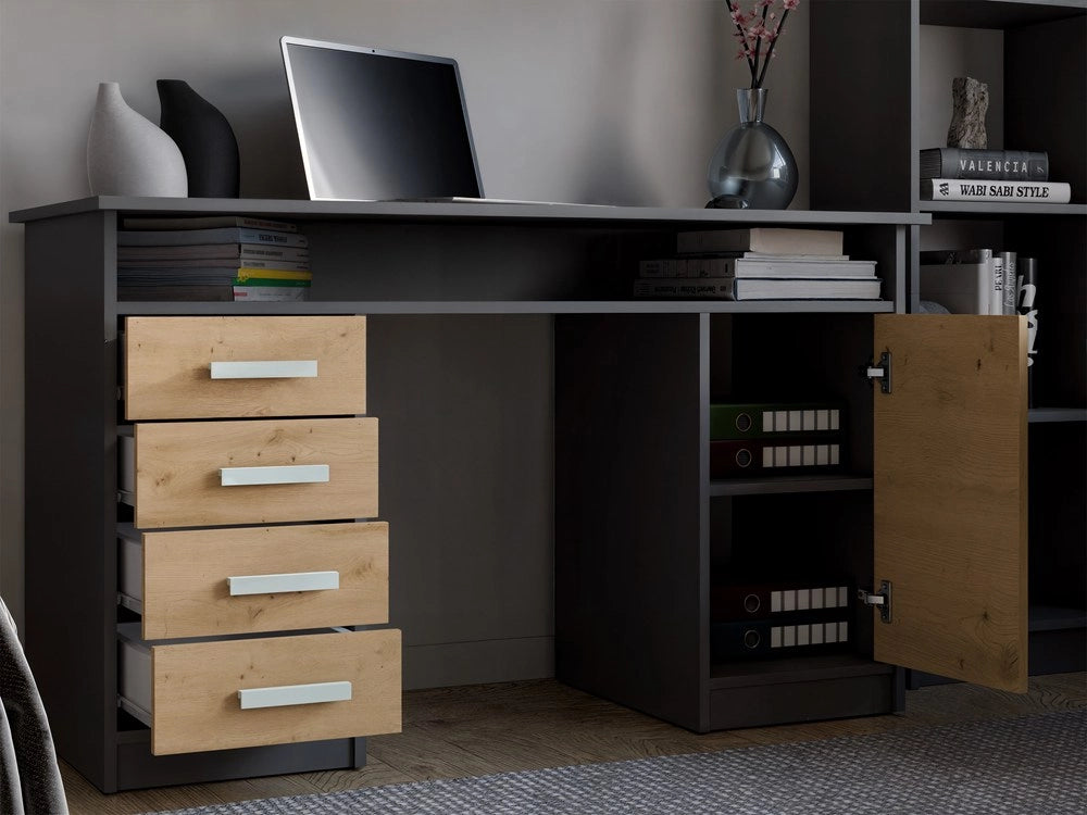 Scrivania ADA antracite rovere artisan 125 cm 4 cassetti mobile con ripiani per ufficio camera e laptop