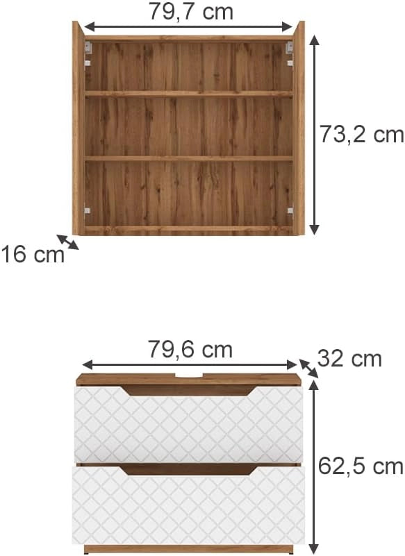 Set di mobili da bagno Lotta, Rovere/bianco con struttura in piastrelle, 2 parti