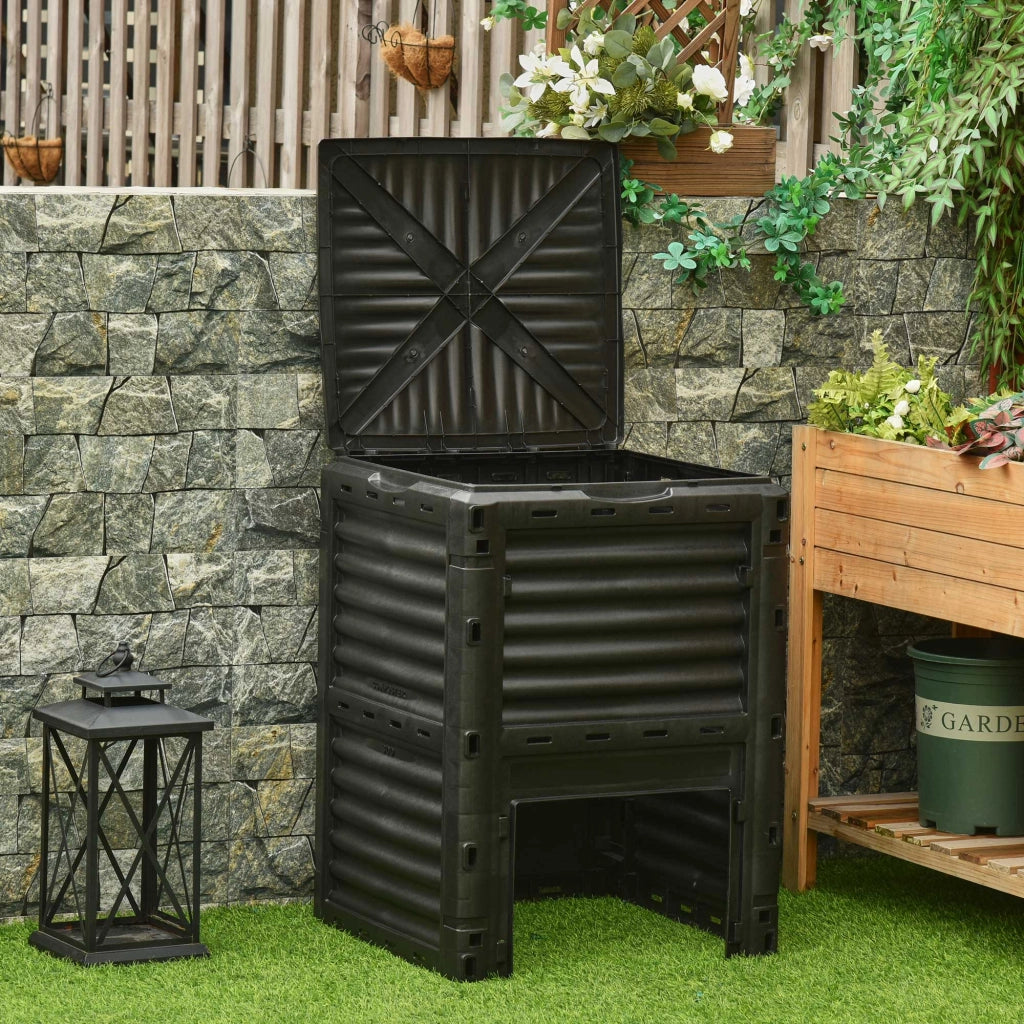 Compostiera da Giardino, Compostiera Domestica da 300L in Plastica Nera, Bidone per Compost con Coperchio a Incastro