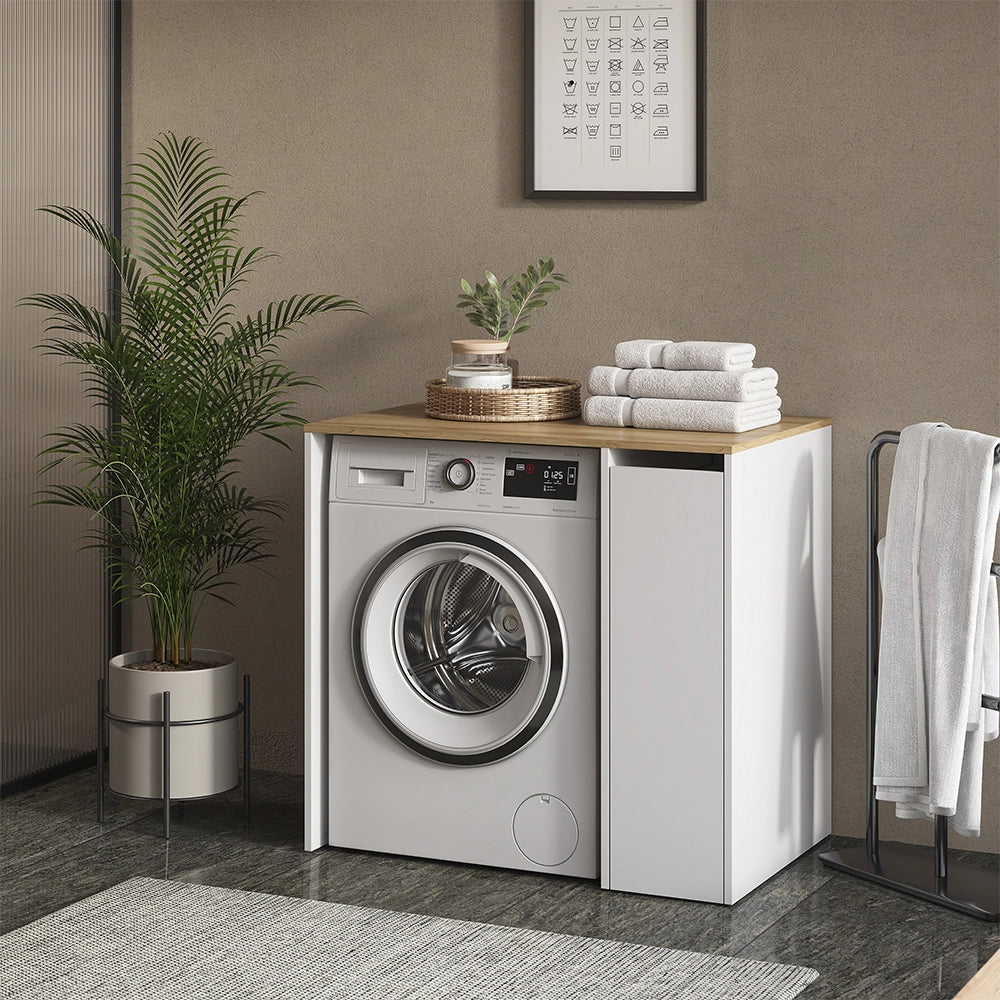 Mobile lavatrice Viktor Bianco/Rovere artigianale 93.6 x 88.2 cm con 3 scomparti Vicco