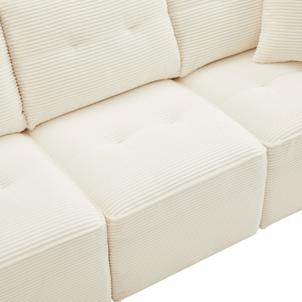 Divano dritto 4 posti con contenitore e pouf modulare, in velluto a coste, Beige, 280 × 146 × 85 cm