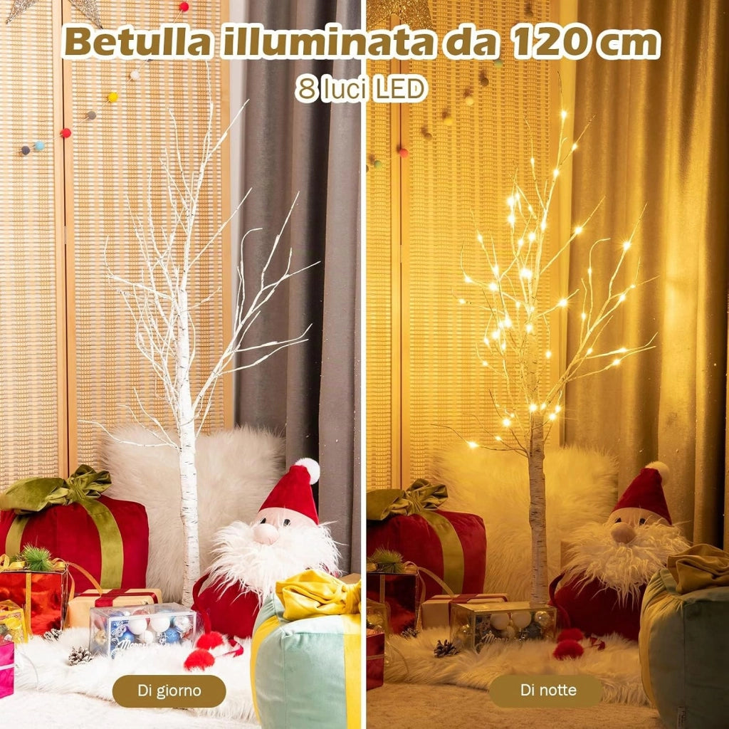 Albero Artificiale Illuminato 120 cm con Rami di Betulla, Albero di Natale Bianco con Luci LED Calde e Bianche, Decorazione per Interno per Natale Pasqua