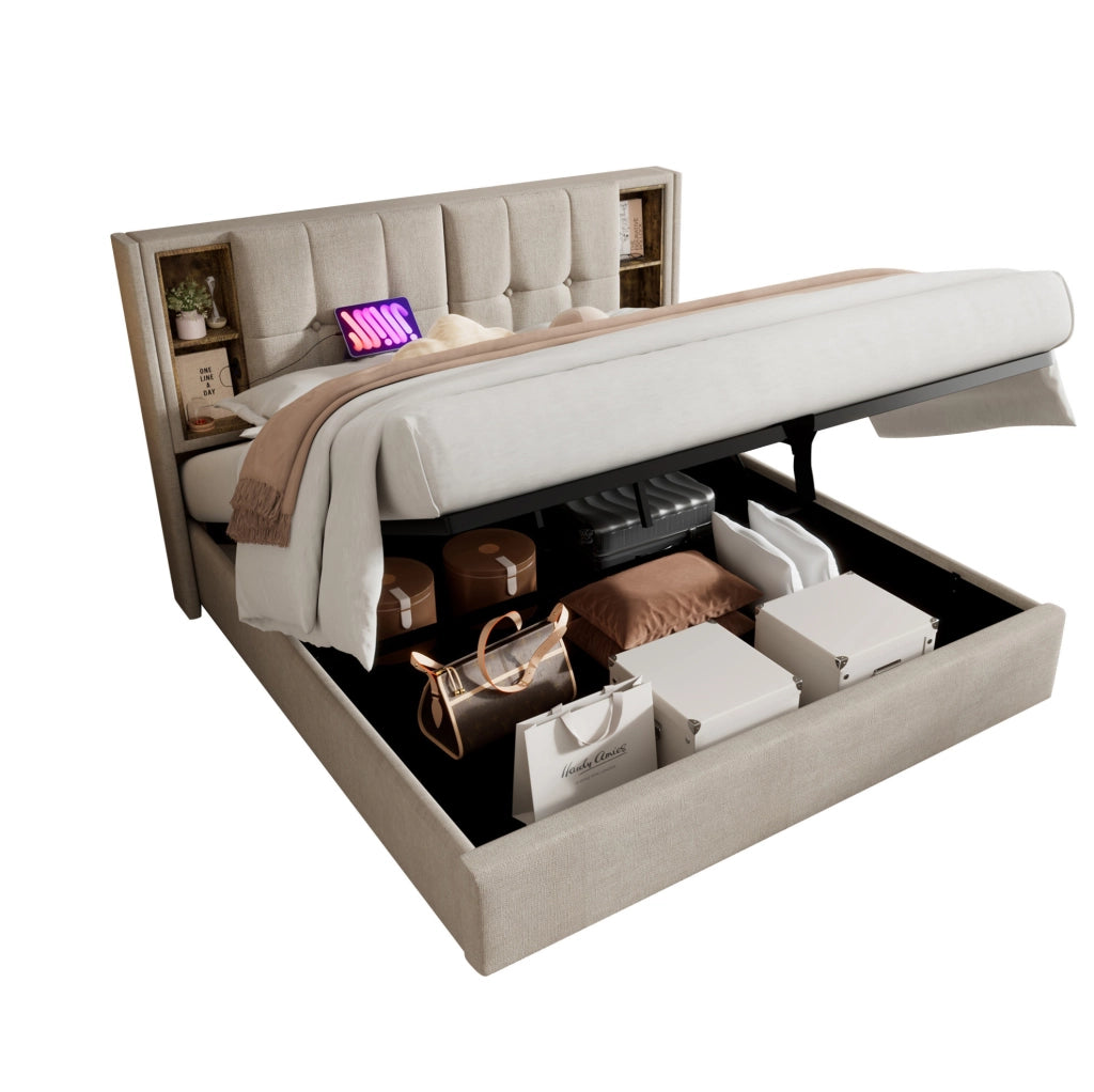 Letto contenitore 140x200 cm con ricarica wireless; USB e USB-C; in lino naturale con materasso