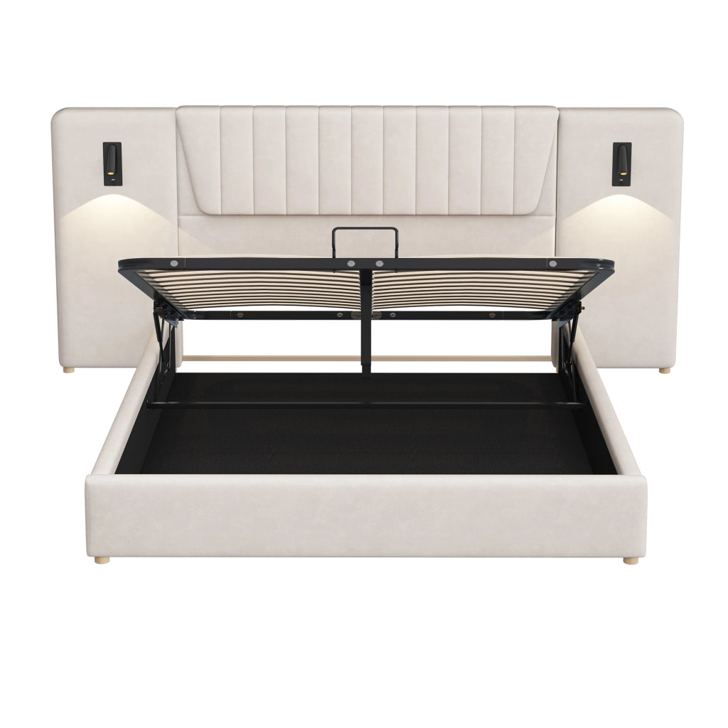 OKWISH Letto Contenitore 180×200 cm, Letto Matrimoniale con USB, Luci da Lettura e Testiera Extra Larga, senza Materasso, Beige