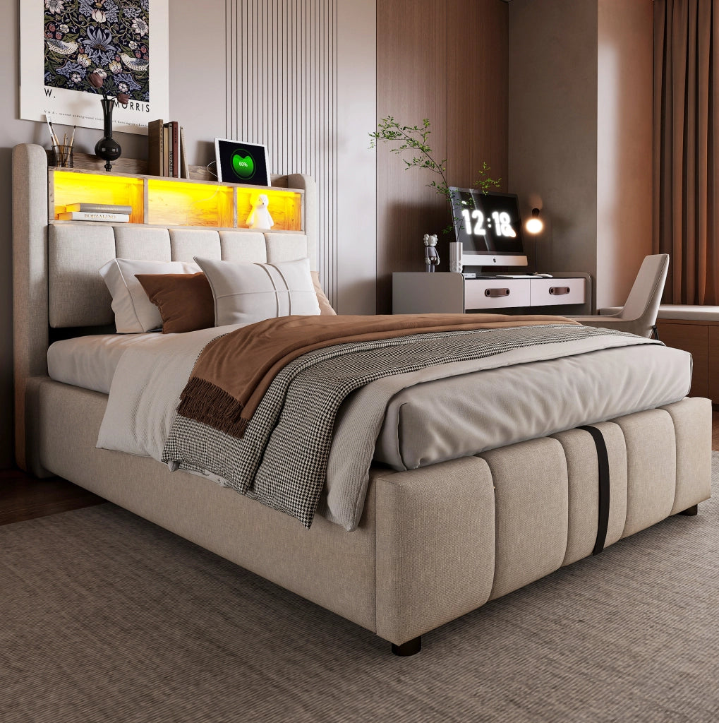 Letto imbottito 90x200 cm in tessuto effetto lino beige con LED; USB-C e contenitore idraulico