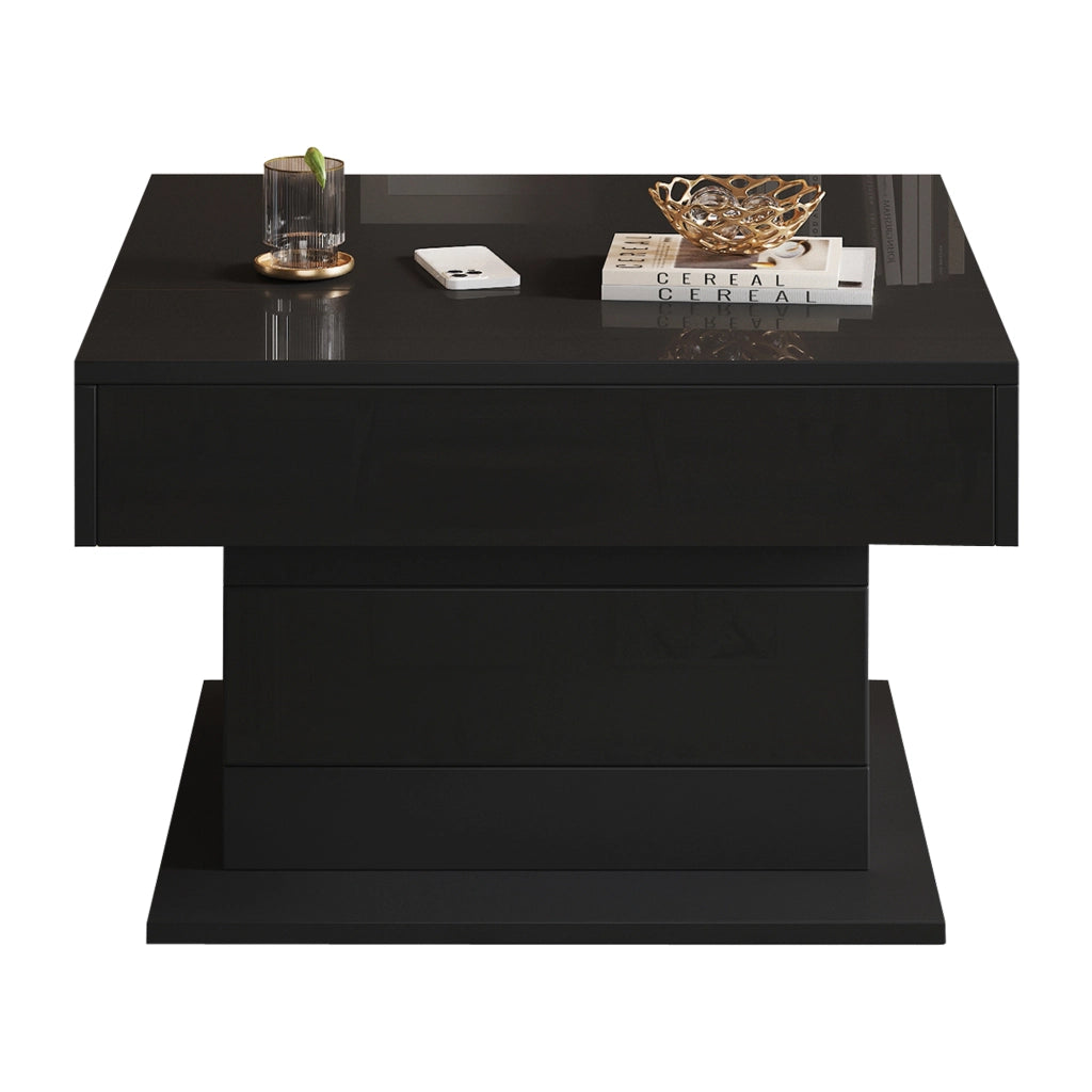 TAVOLO da salotto 70x70x45 cm nero lucido con piano sollevabile e 1 cassetto
