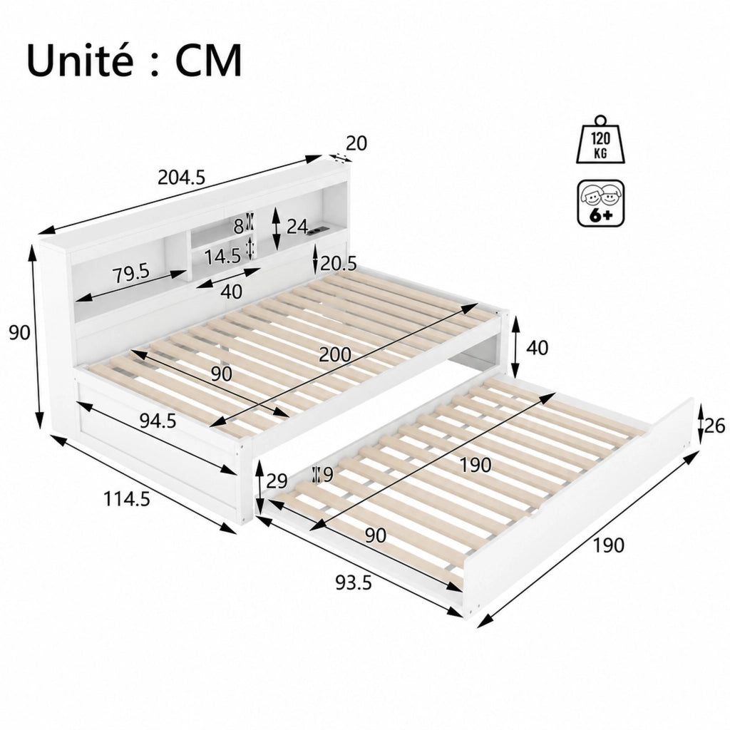 DESMIU Letto divano 90 × 200 cm 1 posto con luce LED, presa, USB e vano laterale, senza materasso, bianco