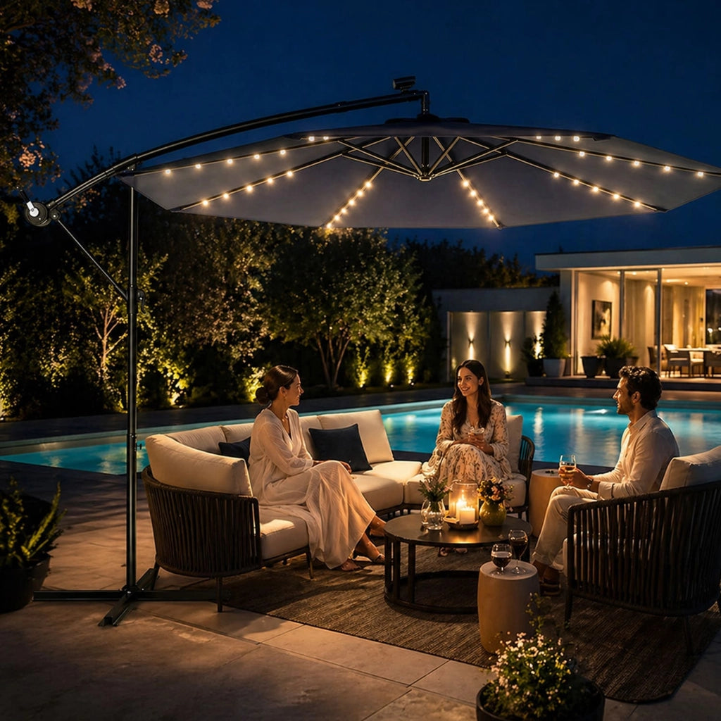 Ombrellone Decentrato Con Luci LED A Energia Solare Apertura A Manovella Inclinazione Regolabile Camino Antivento E Area Ombra 7 M² 300x250 Cm Blu