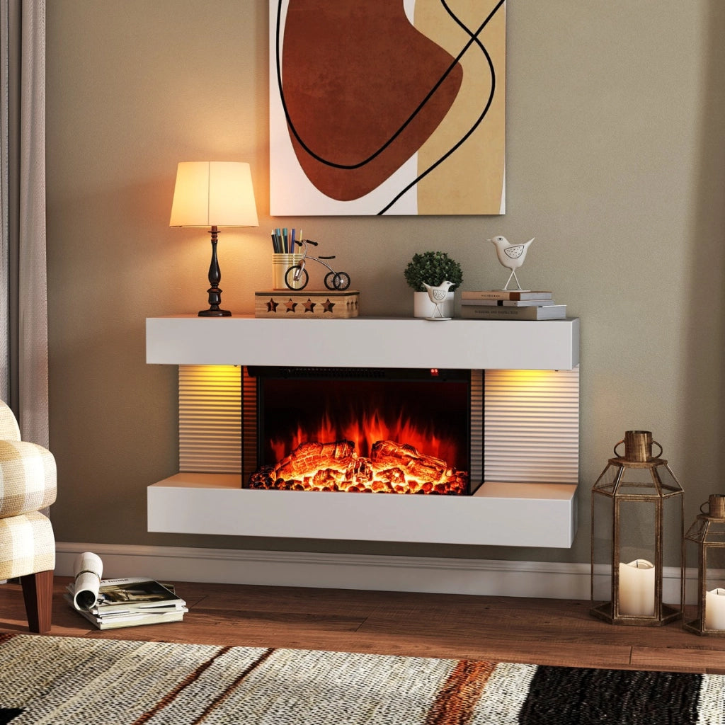 Camino elettrico stufa da 750W/1500W con luci LED 12 colori di fiamma, Camino elettrico da parete a 3 lati Bianco-Caminetto elettrico