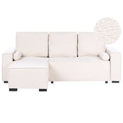 Divano letto angolare a 3 posti rivestimento in bouclé verde chiaro a destra con braccioli contenitori reversibile stile moderno per soggiorno