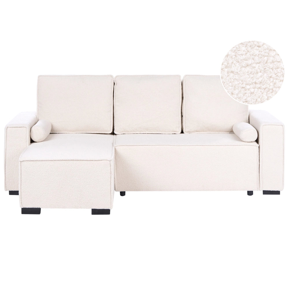 Divano letto angolare a 3 posti rivestimento in bouclé verde chiaro a destra con braccioli contenitori reversibile stile moderno per soggiorno