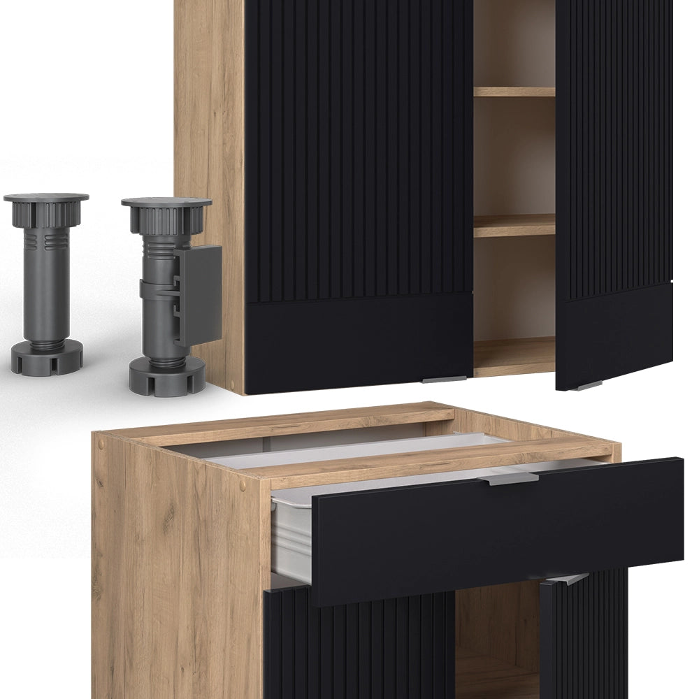 Cucina completa Fame-Line Nero rigato/Rovere dorato 140 cm, PL Marmo Vicco