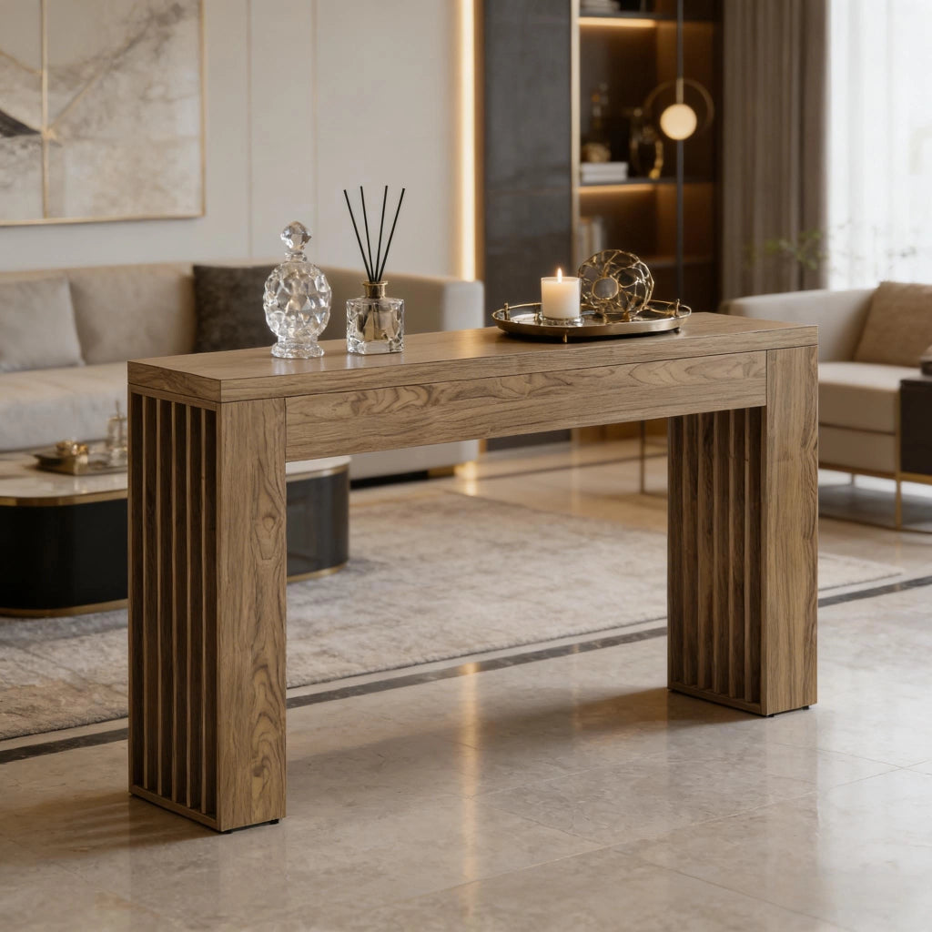 Consolle in MDF marrone stile farmhouse per ingresso e soggiorno con piano ampio e dettagli a lamelle verticali