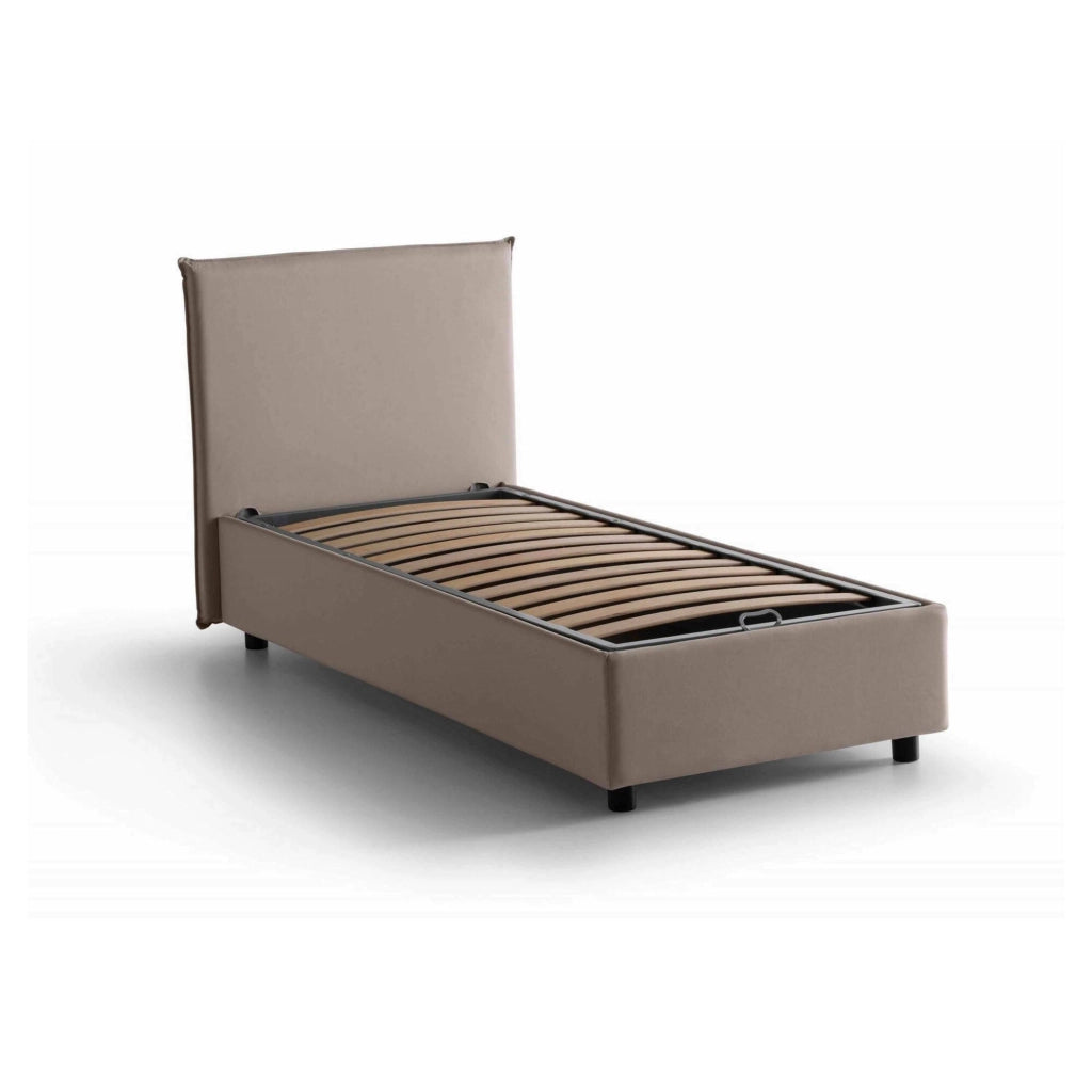 Letto singolo Acuila, Letto contenitore con rivestimento in tessuto, Made in Italy, Apertura laterale, adatto per materasso cm 80x190, Tortora