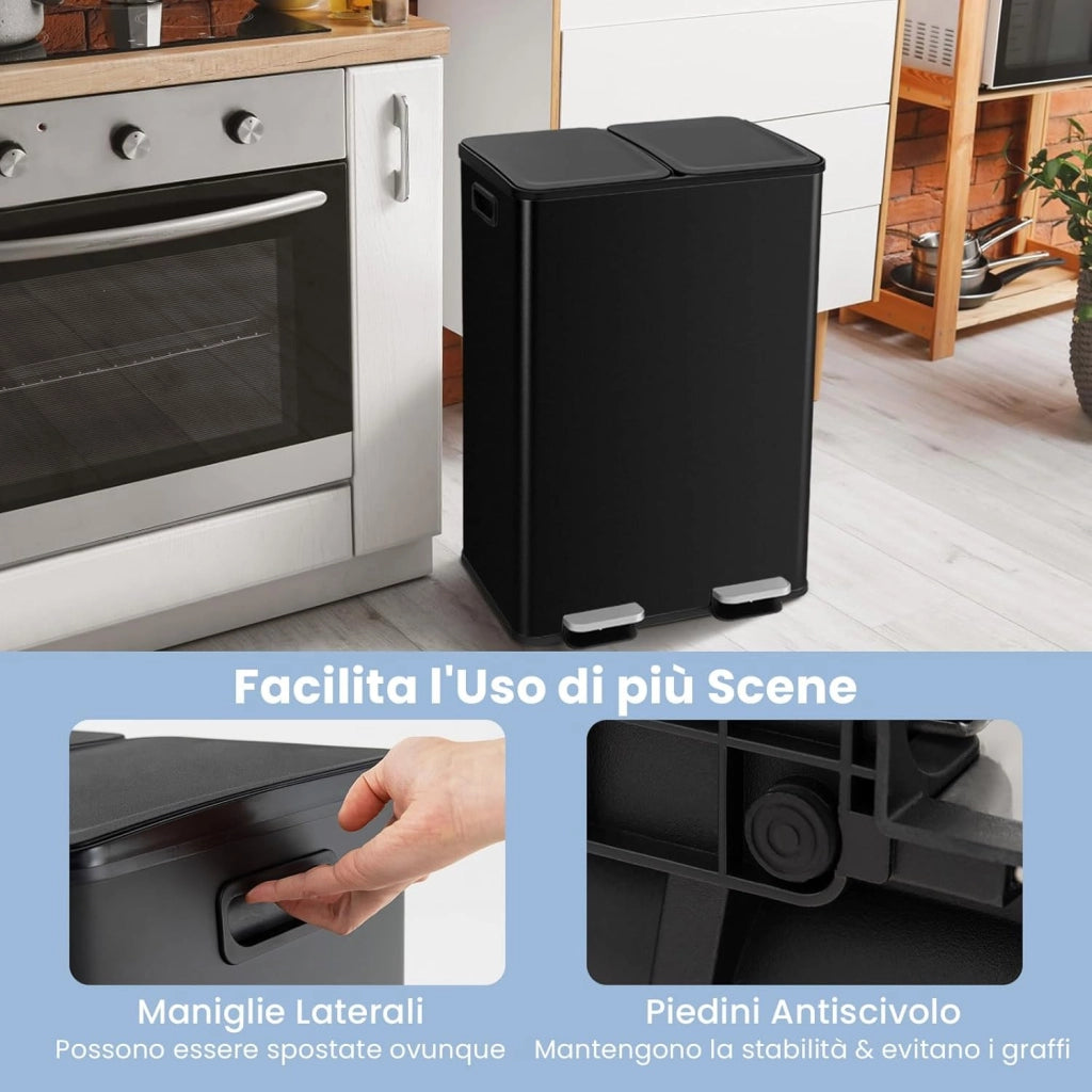 2x30 L Pattumiera Differenziata, Bidoni Differenziata in Acciaio Inox a 2 Scomparti, Anti-Impronte, Secchio Spazzatura con Coperchi a Chiusura Morbida, per Casa Ufficio (Nero)