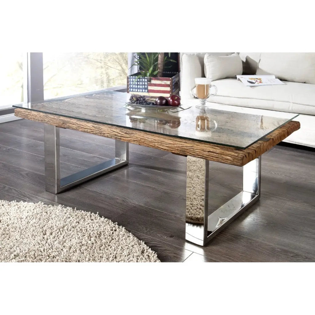 Tavolino basso RAFTA 110 cm in teak riciclato e vetro temperato – Design industriale con gambe a U