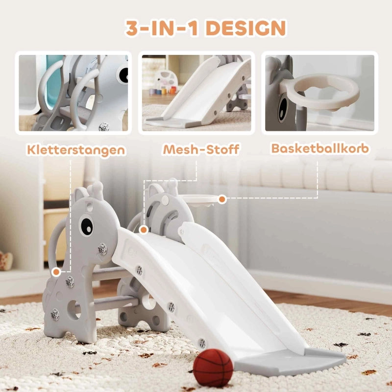 Scivolo 3 in 1 per bambini, a forma di giraffa, con canestro da basket e palla, colore grigio.