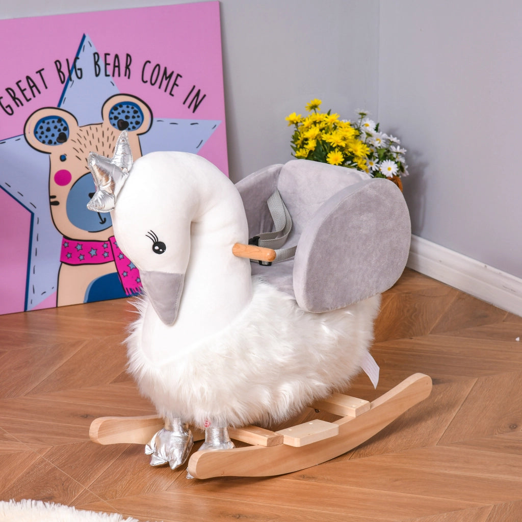 Cavallo a Dondolo Cigno per Bambini ¨C Minimal ¨C Legno di Pioppo e Peluche, Bianco e Grigio