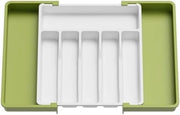 Organizzatore di Cucina Estensibile, Scatola di Archiviazione per Cucina Riscaldabile, Copertura e Custodia per Cucina, Cassetto di Archiviazione Plastico Compattabile per Cucchiai, Forchette e Coltelli, Grande, Verde e Bianco
