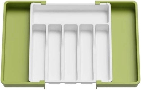 Organizzatore di Cucina Estensibile, Scatola di Archiviazione per Cucina Riscaldabile, Copertura e Custodia per Cucina, Cassetto di Archiviazione Plastico Compattabile per Cucchiai, Forchette e Coltelli, Grande, Verde e Bianco