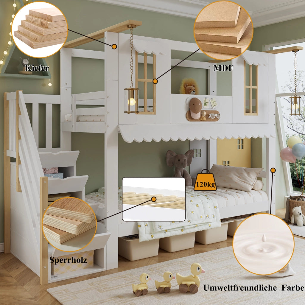 Letto a castello per bambini 90x200 cm con scala contenitore