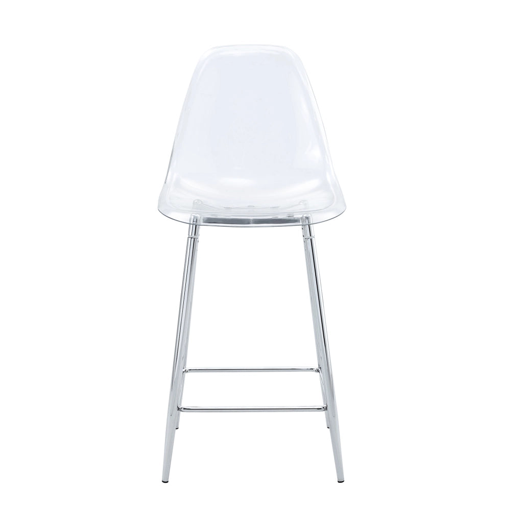 Sgabello da bar trasparente con struttura in metallo e poggiapiedi, design moderno in plastica argento