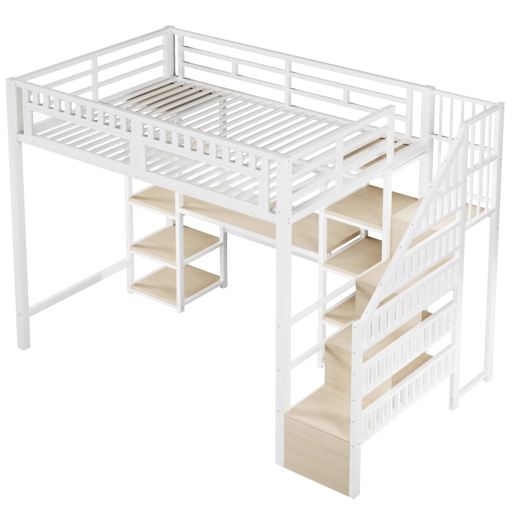 Letto a soppalco matrimoniale 140×200 cm con scrivania; LED; USB; ripiani e scaletta; senza materasso; bianco