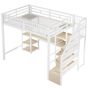 Letto a soppalco matrimoniale 140×200 cm con scrivania; LED; USB; ripiani e scaletta; senza materasso; bianco