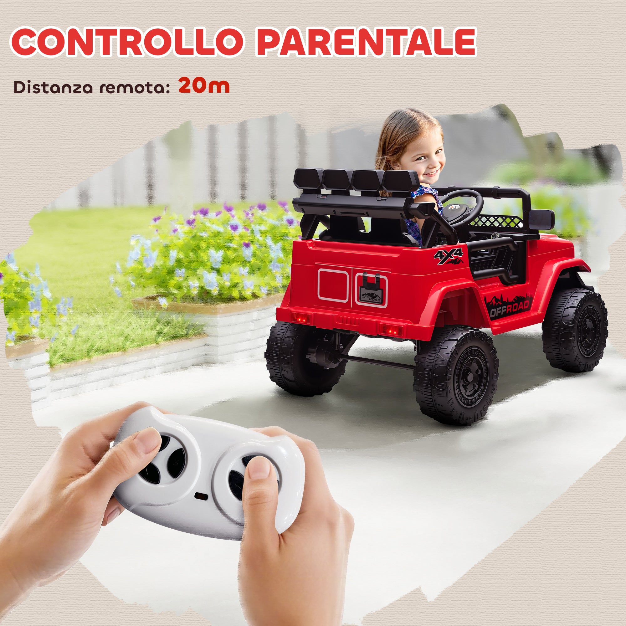 Macchina Fuoristrada per Bambini 99x66x68.5 cm con Fanali Clacson e Telecomando in PP e Metallo Rosso