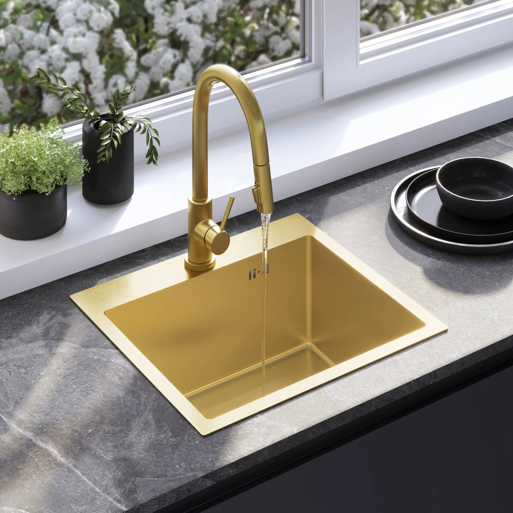 Lavello In Acciaio Con Set Di Accessori 3 Pz. Rea Leo 50 Brush Gold Accessori beige